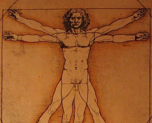 Leonardo da Vinci's Vitruvian Man drawing showing ideal human proportions.