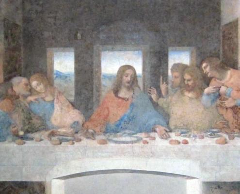 Panoramic view of Leonardo da Vinci's "The Last Supper" (Il Cenacolo) mural in the refectory of Santa Maria delle Grazie in Milan.