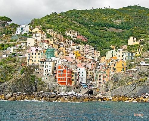 Riomaggiore from the seaside in the Cinque Terre, Italy