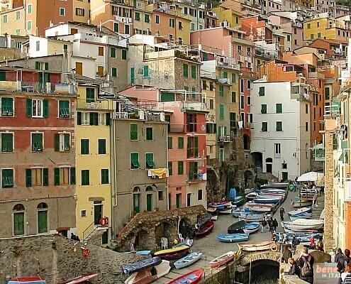 Fishing boats in Riomaggiore in the Cinque Terre on the Ligurian coast in Italy