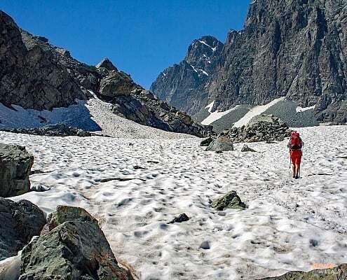 Hike over moraine and snow fields