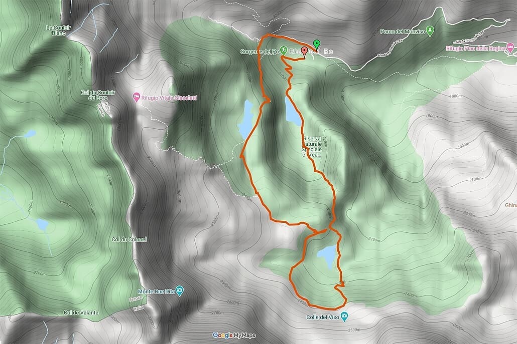 Piedmont Hiking map to Glacial lakes Hiking in Piedmont at the Monviso to the Glacial Lakes above the source of the Po River