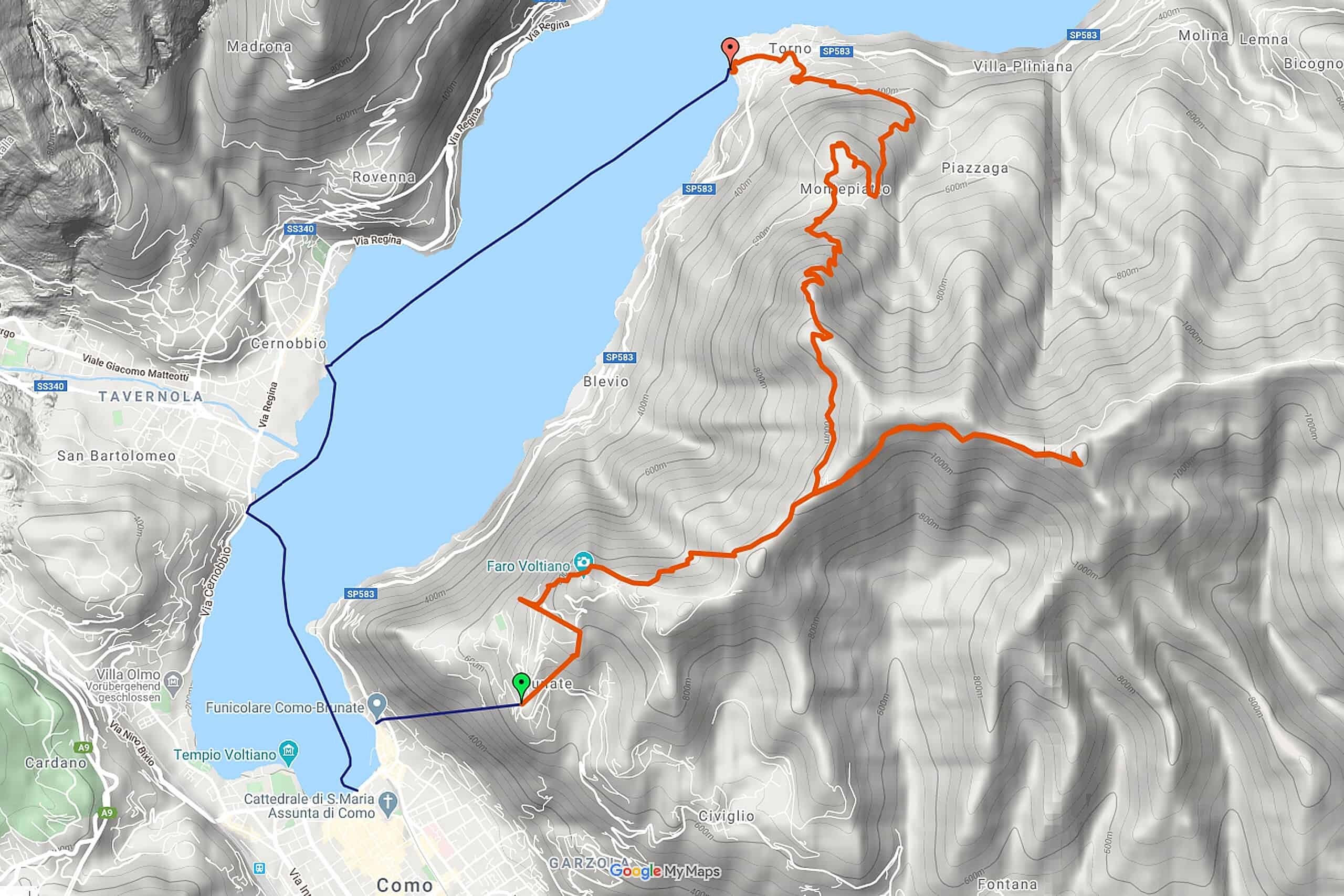 Lombardy hiking map Como Brunate Torno