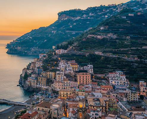 Sunset over Minori, on the Amalfi Coast in Campania, Italy