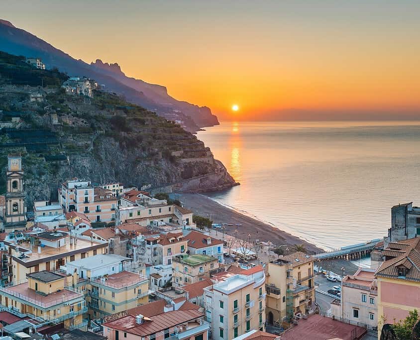 A sunrise view over Minori, on the Amalfi Coast, in Campania, Italy