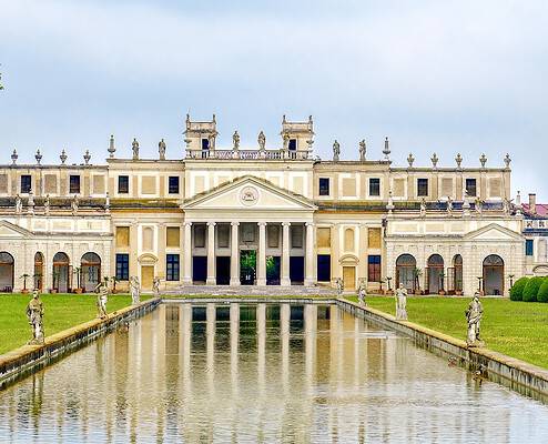 The grand facade of Villa Pisani in Stra, showcasing the magnificent villa architecture of the Veneto region.