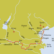 Illustrated route map of the Bike & Boat tour from Mantua to Venice through the Po Delta, featuring stops in Ferrara, Adria, and Chioggia; Graphic © Girolibero.