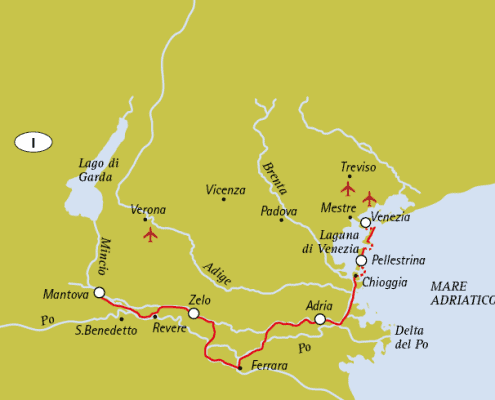 Illustrated route map of the Bike & Boat tour from Mantua to Venice through the Po Delta, featuring stops in Ferrara, Adria, and Chioggia; Graphic © Girolibero.