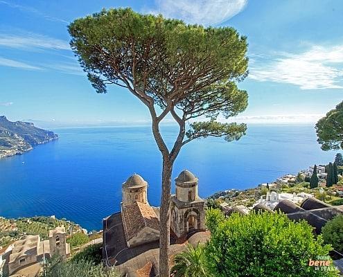Breathtaking panoramic view from Ravello overlooking the steep Amalfi Coast and the deep blue Tyrrhenian Sea.