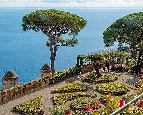 Villa Rufolo Gardens – Botanical Beauty in Ravello • m24o Vibrant flower beds in the gardens of Villa Rufolo in Ravello overlooking the Mediterranean Sea and the Amalfi Coast mountains.