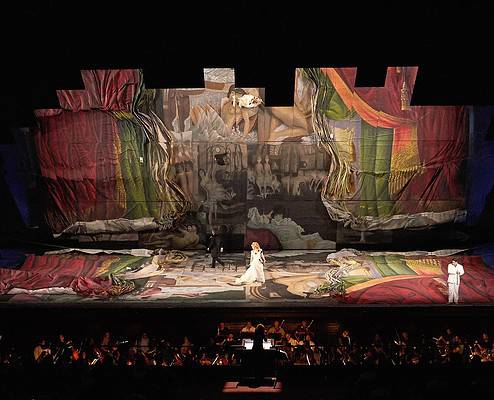Widescreen shot of the mirror reflections at the Macerata Opera Festival; Josef Svoboda's iconic design for Verdi's La Traviata.