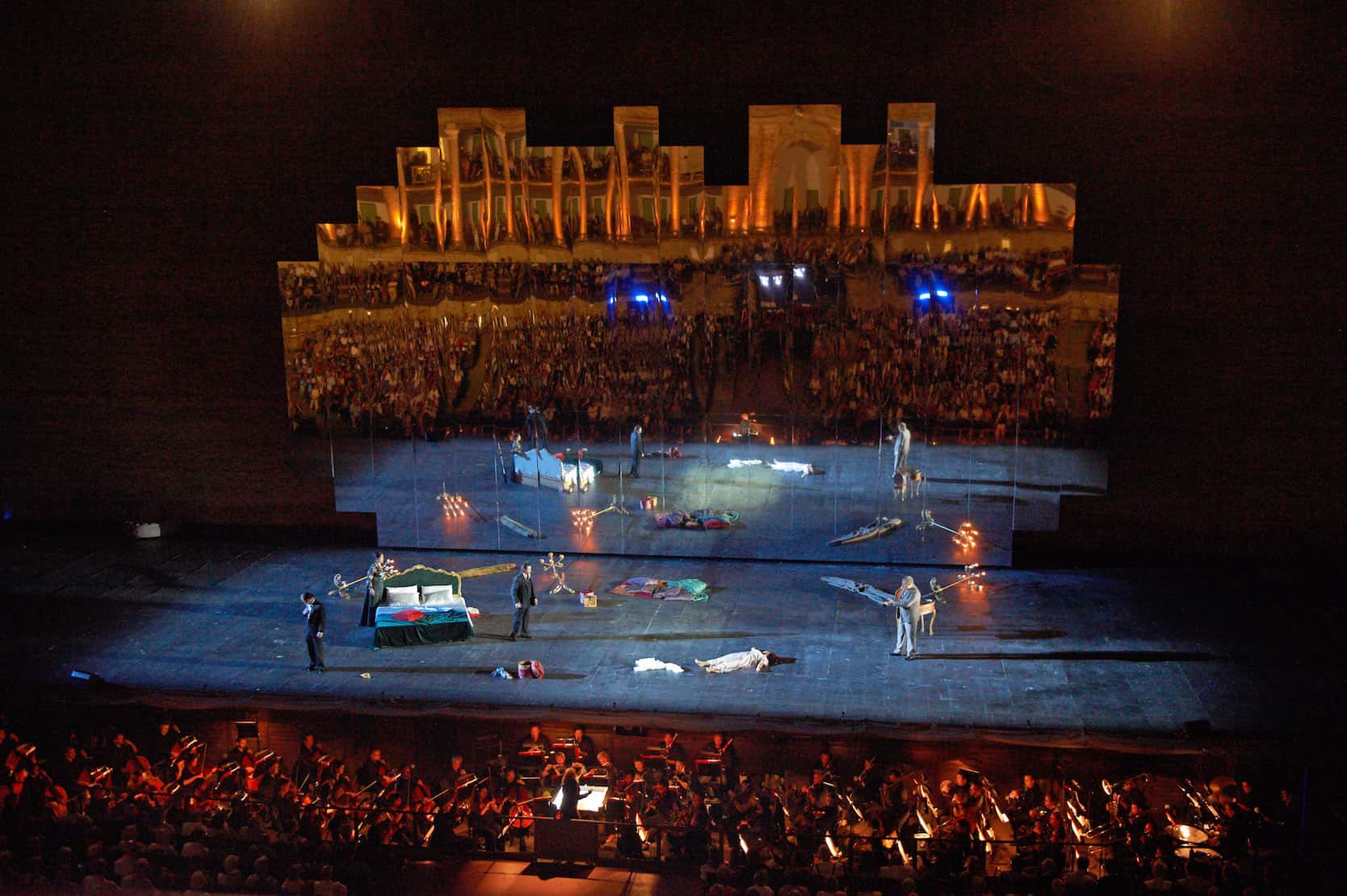Scene photo from the opera La Traviata by Giuseppe Verdi at the Sferisterio; one of the brilliant productions of the Macerata Opera Festival.