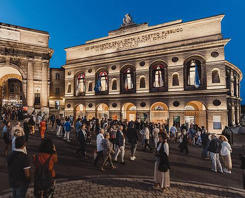 View of the Sferisterio Macerata at night during the Macerata Opera Festival.