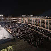 Panoramic view of the historic Arena Sferisterio in Macerata, venue of the Opera Festival, with its impressive neoclassical architecture.