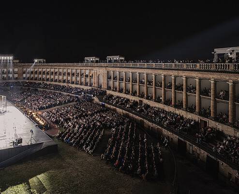Panoramic view of the historic Arena Sferisterio in Macerata, venue of the Opera Festival, with its impressive neoclassical architecture.