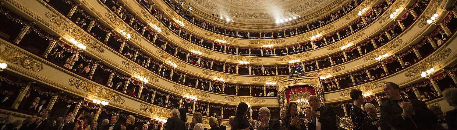Panoramic view of the magnificent golden auditorium of Teatro alla Scala in Milan with its six tiers of private boxes; Photo © Brescia-Amisano.