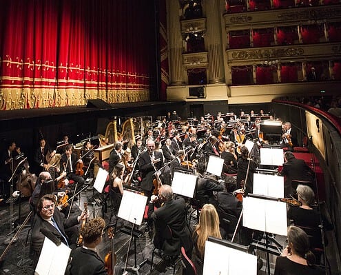 View into the orchestra pit of the Teatro alla Scala in Milan during a performance; Photo © Brescia-Amisano.