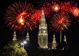 Vienna City Hall with fireworks in the background