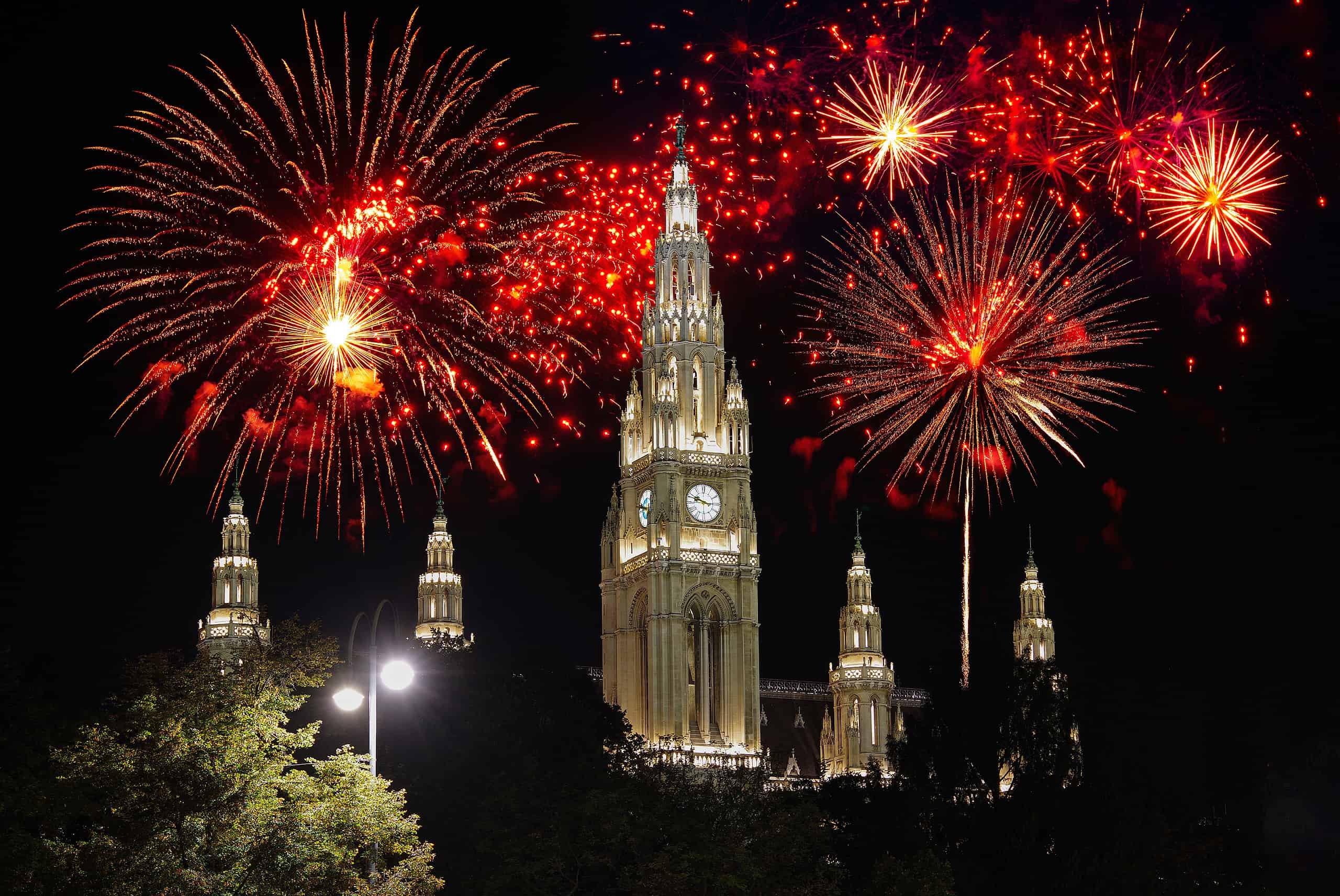 Vienna City Hall with fireworks in the background