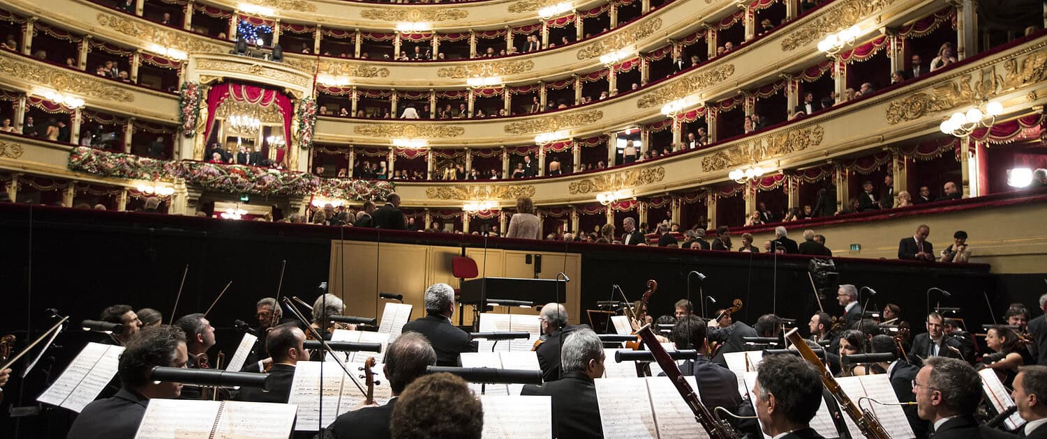 The renowned Teatro alla Scala Orchestra performing on stage in Milan; Photo © Brescia-Amisano.