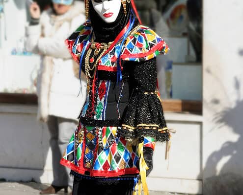 A masked person in a colorful Harlequin costume walking a small dog in a matching partner outfit during the Venice Carnival.