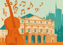 Künstlerische Illustration des Teatro alla Scala in Mailand mit einer Geige, Musiknoten und der Mailänder Skyline im Hintergrund.