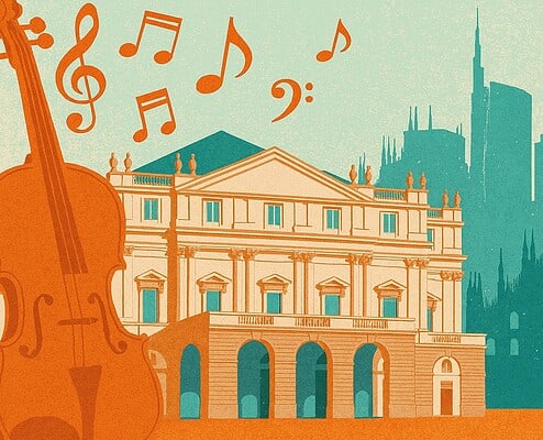 Künstlerische Illustration des Teatro alla Scala in Mailand mit einer Geige, Musiknoten und der Mailänder Skyline im Hintergrund.