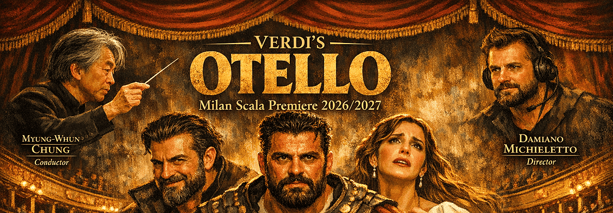 Painting of Verdi’s Otello premiere at La Scala in Milan showing conductor Myung‑Whun Chung, director Damiano Michieletto, and cast members Brian Jagde, Luca Salsi, and Eleonora Buratto on stage.