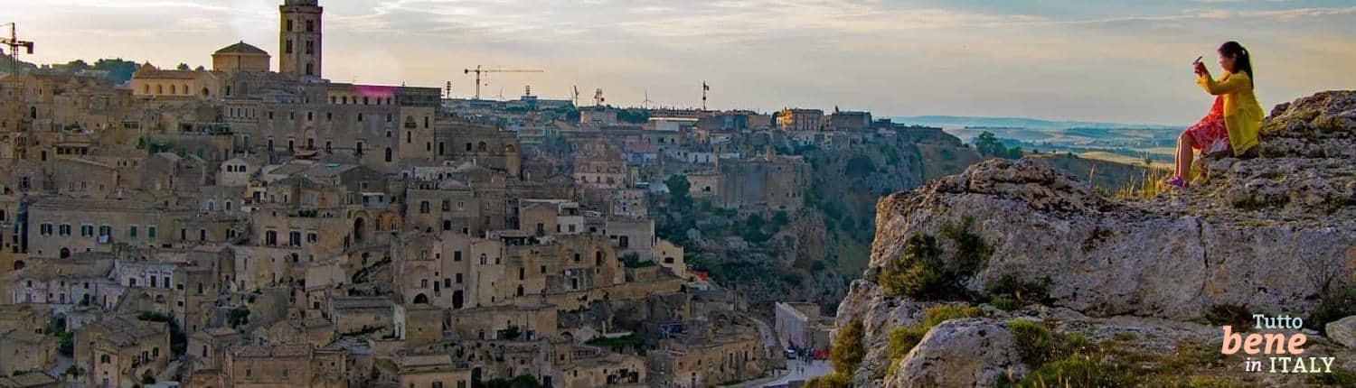 Matera, a UNESCO World Heritage Site Panoramic view of Sassi di Matera, known for their ancient cave dwellings