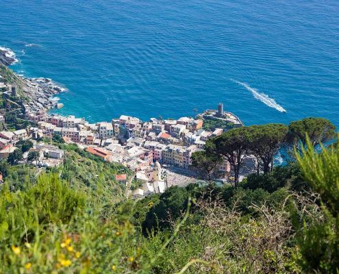 View to Vernazza from the hiking path on the cliffs in the Cinque Terre