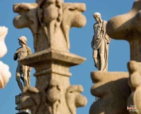 Gothic Spires on the Milan Cathedral Terraces • m24o Close-up of the delicate marble spires and statues (Guglie) on the rooftop of the Milan Cathedral against a clear sky.
