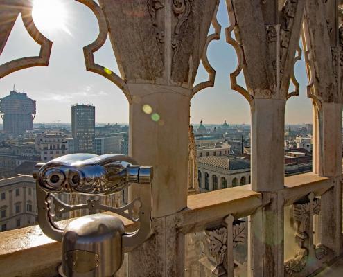 View form the Rooftop of the Milan Cathedral Duomo.Walk on the cathedral terraces with a view of Milan's first skyscraper