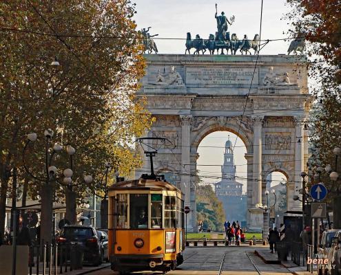 Historic tram at the triumphal arch in Milan • m24o Historic Tram at Triumphal Arch, Arco della Pace - Monument