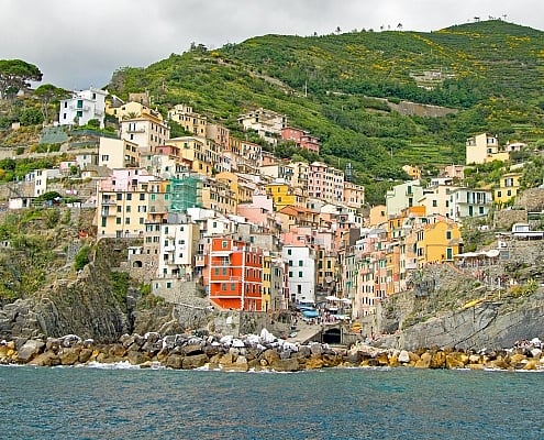 Riomaggiore from the seaside in the Cinque Terre, Italy