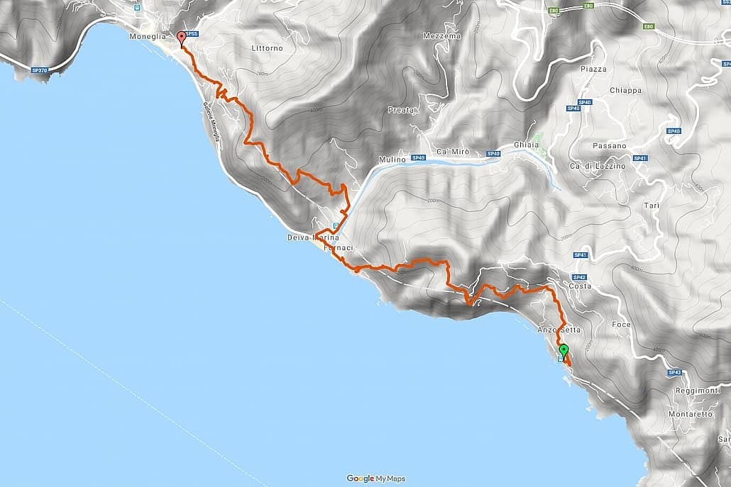 Wanderkarte Weg von Framura nach Moneglia Cinque Terre Ligurien
