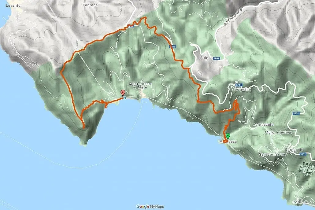 Hiking map Cinque Terre from Vernazza verso Drignana to Monterosso al Mare