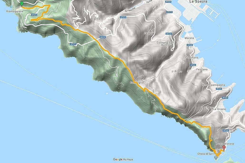 Hiking Map Cinque Terre from Riomaggiore to Portovenere