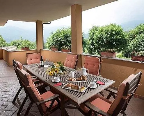 Terrace of the Hotel Ristorante La Colletta in Paesana, Piedmont Italy