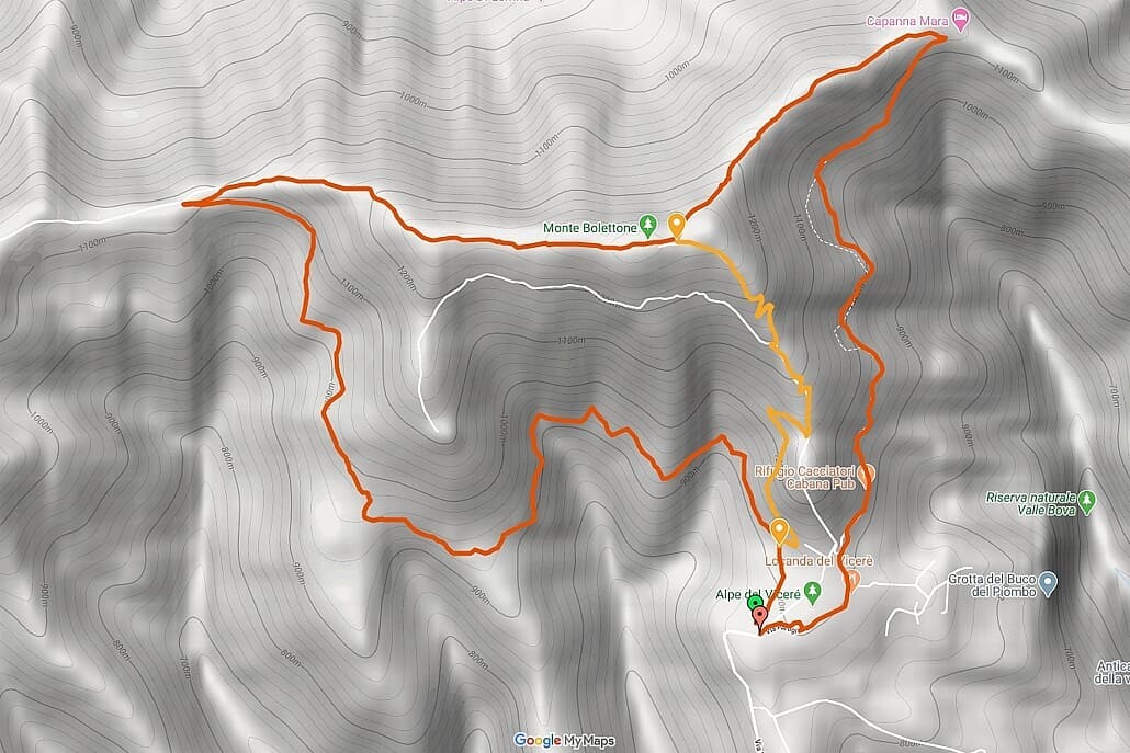 Hiking map Lake Como Hike from Alpe del Viceré to Baita Patrizi - Monte Bolettone and Capanna Mara