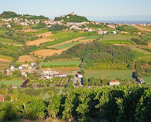 Weinhänge mit kleinen Orten im Piemont