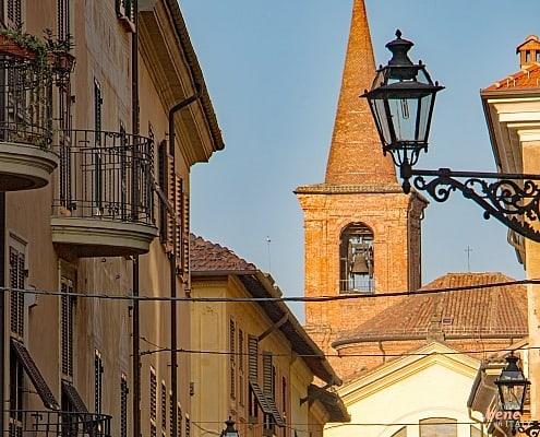 Church of San Pierto at the end of the alley in Novi Ligure in Piedmont, Italy