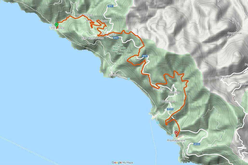 Cinque Terre map Hiking trail form Vernazza via Bernardino and Volastra to Riomaggiore