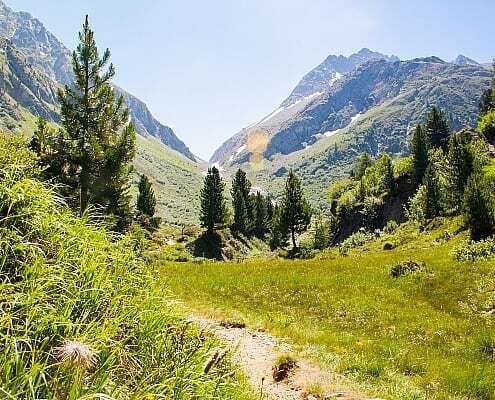 Hiking path in the Bregaglia Valley in den Swiss Alps, Switzerland