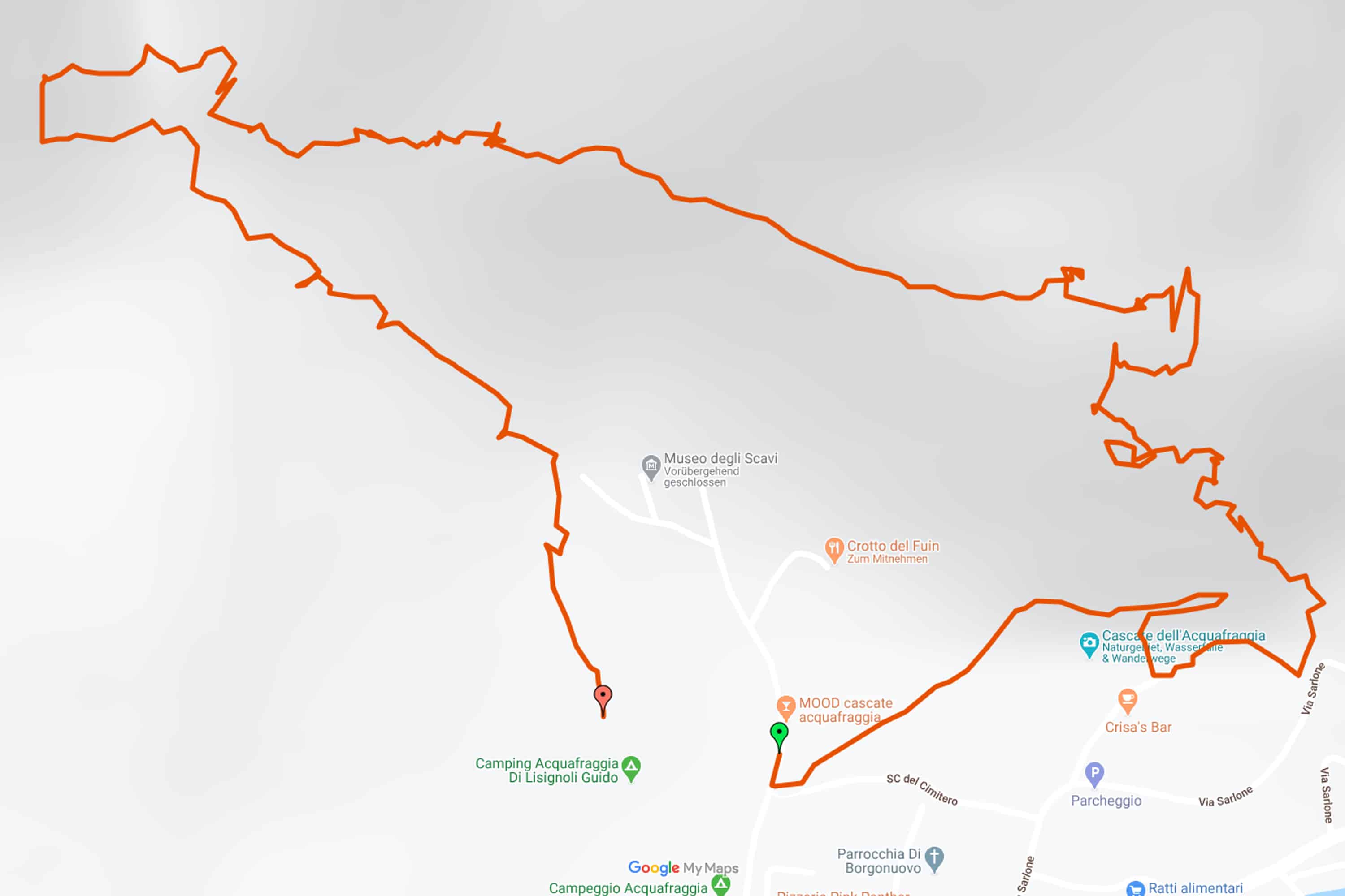 Wanderkarte zu den Acquafraggia-Wasserfällen von Borgonuovo di Piuro nach Sant'Abbondio in der Lombardei in den norditalienischen Alpen