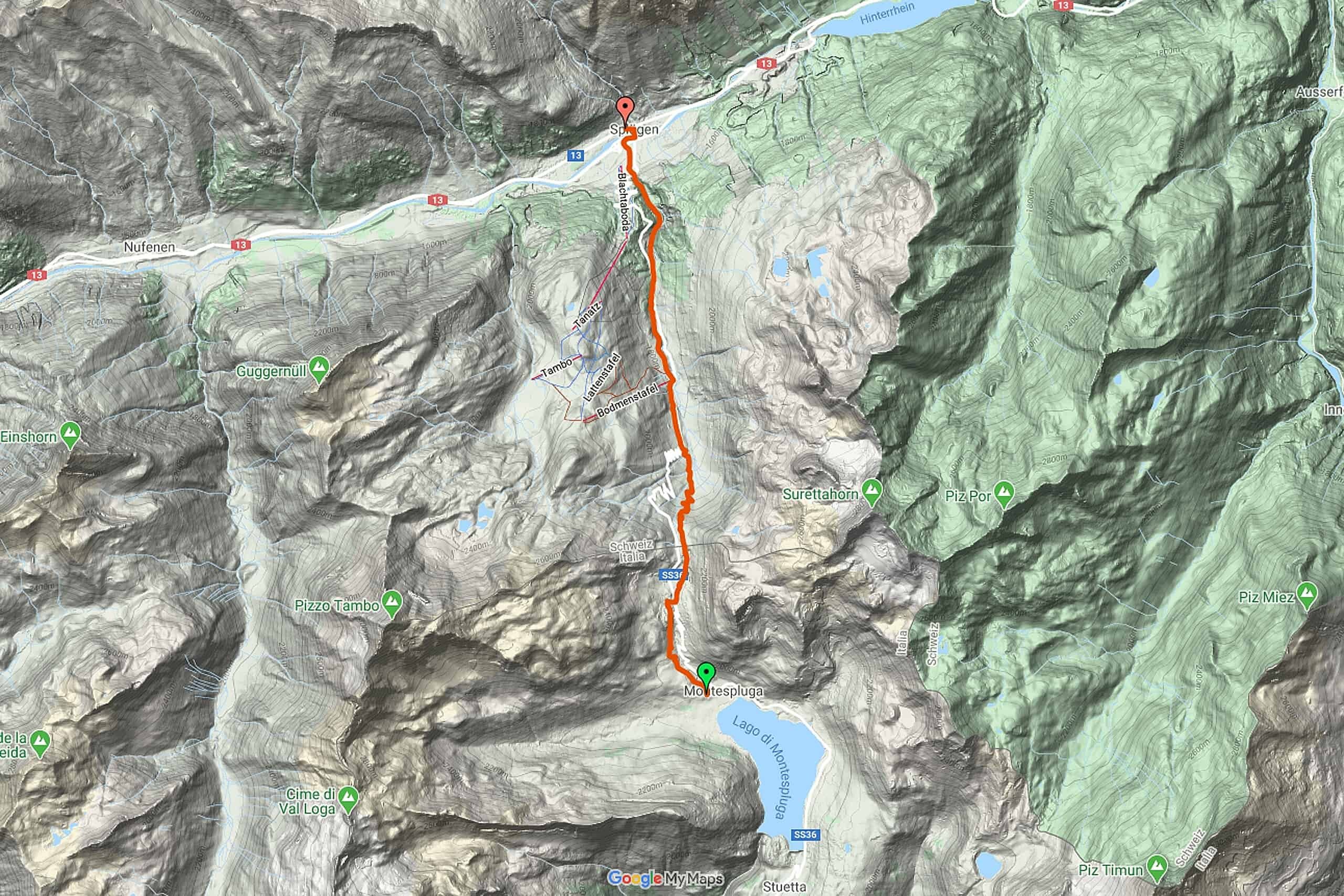 Hiking map Via Spluga from Montespluga in Italy to Splügen in Switzerland