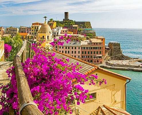 Five picturesque villages on the Ligurian Coast from the Cinque Terre area. It is one of the most beautiful coastal landscapes in the world.