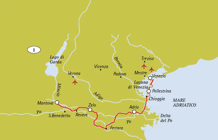 Bike and Boat Map of the Cycling holiday Italy from Mantua to Venice