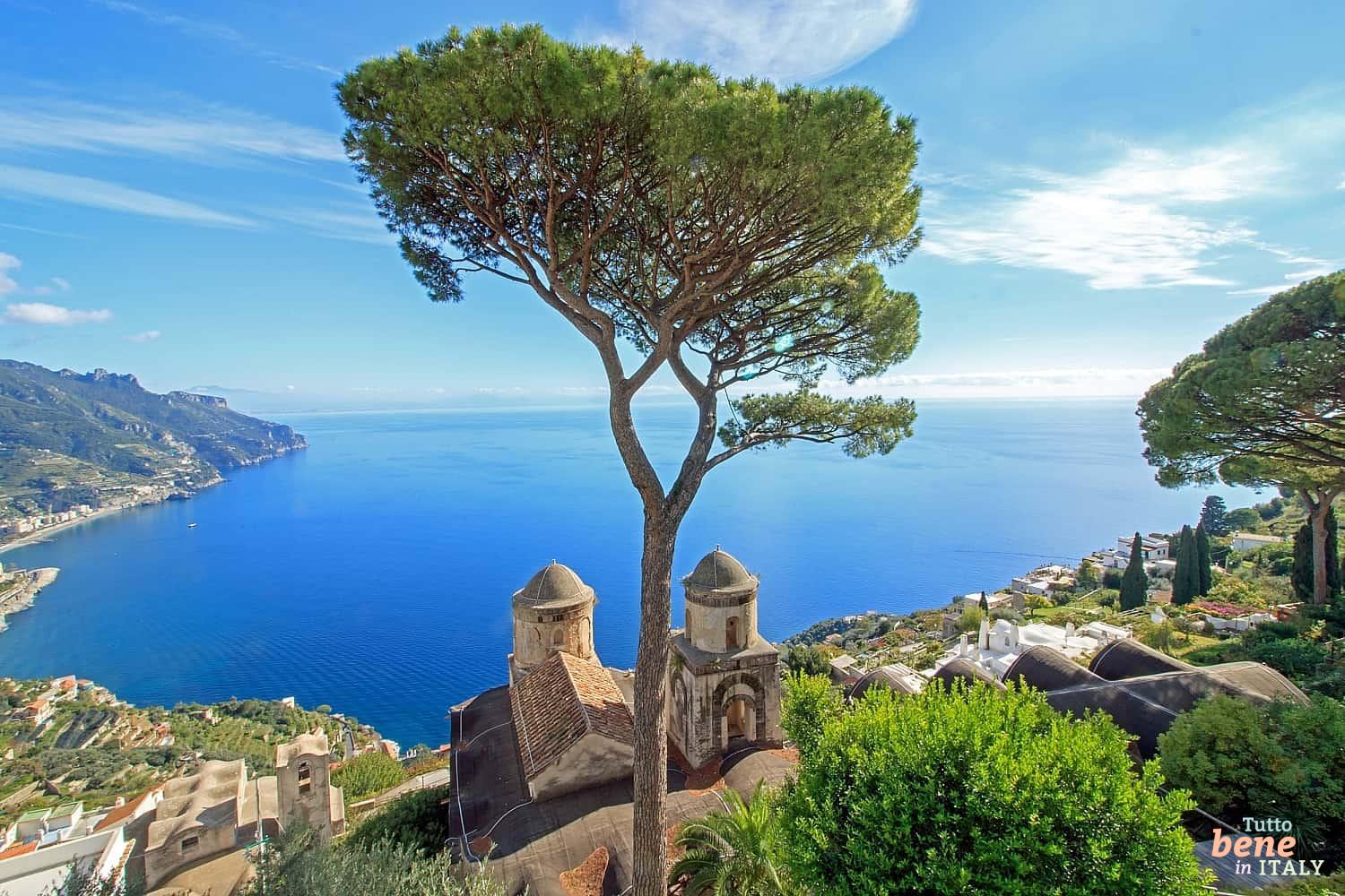 Music Trip Monteverdi Festival from 13 to 19 June 2023 Breathtaking panoramic view from Ravello overlooking the steep Amalfi Coast and the deep blue Tyrrhenian Sea.