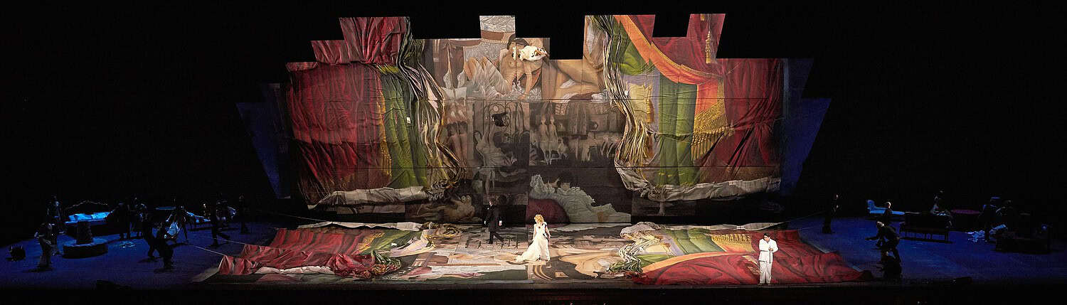 Widescreen shot of the mirror reflections at the Macerata Opera Festival; Josef Svoboda's iconic design for Verdi's La Traviata.