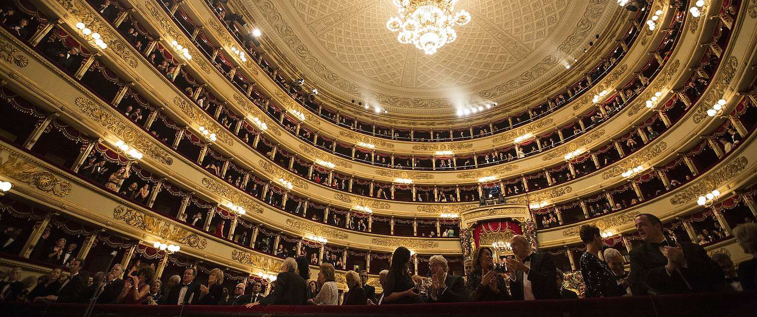 Panoramic view of the magnificent golden auditorium of Teatro alla Scala in Milan with its six tiers of private boxes; Photo © Brescia-Amisano.